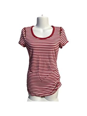 Michael Kors Red Striped Zippered Ruched Short Sleeve Cotton Tee Sz Amall